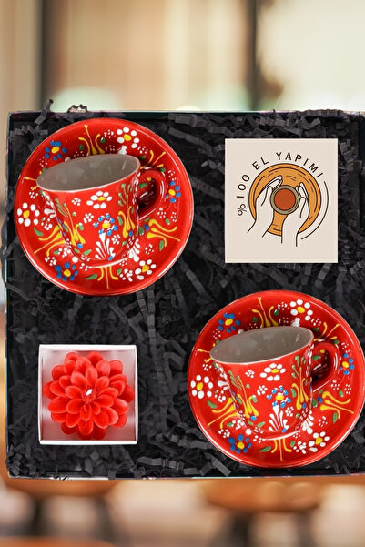 Janset %100 El Yapımı Hediye Seti-Kütahya Çini El Yapımı 2Lİ Kırmızı Kahve Fincanı Ve Mum-Kutulu Gönderim