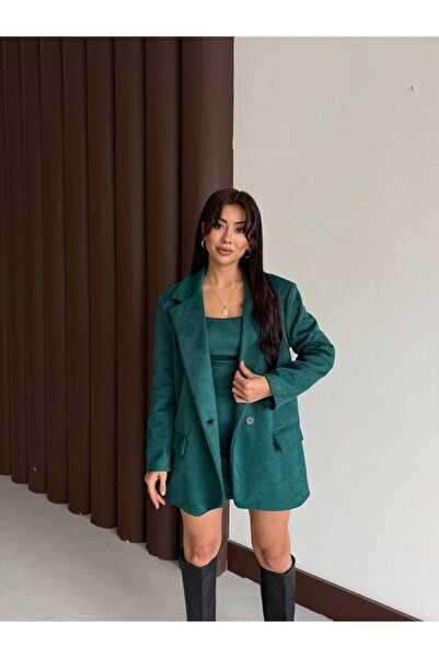 MADAME MELEK Imported Scuba Suede Fabric Strap Dress & V Shoulder Pad I Jacket Set