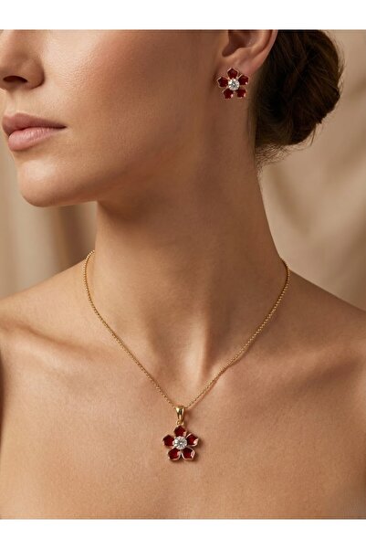 Candy طقم أقراط وقلادة من حجر النوفيريا المطلي بالمينا على شكل زهرة