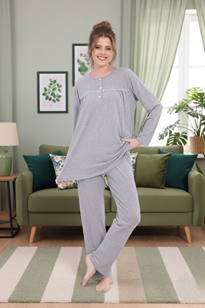 PREGNANT WORLD Women's Gray Design Crew Neck Long Sleeve Plus Size (Oversized) Pajama Set