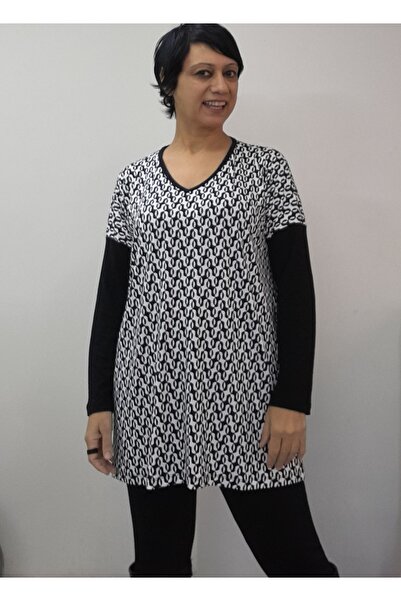 Mertcan Butik White with Black Pattern, Size Fits All, Low Long-Sleeved Combed Viscose T-Shirt