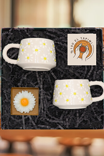 Janset %100 El Yapımı Hediye Seti-Kütahya El Yapımı Papatya Desenli 2 li Kupa...