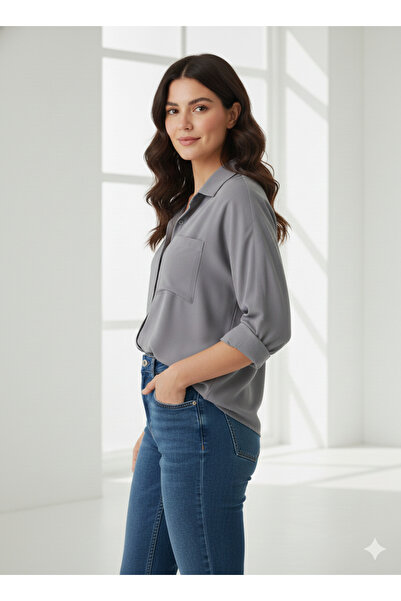 Nagihan Butik Kadın Gri Antrasit Dokuma Düşük Omuz Oversize Gömlek
