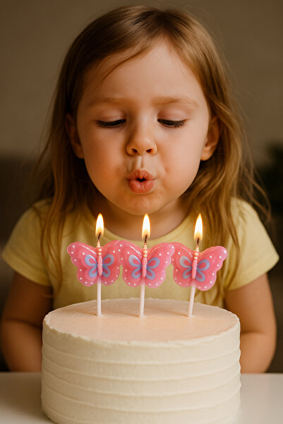 Partifabrik Kelebek Temalı pembe 3 Parça Pastel Mum