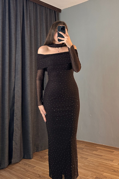 Sorridi Taşlı Fularlı Madonna Yaka Tül Uzun Elbise