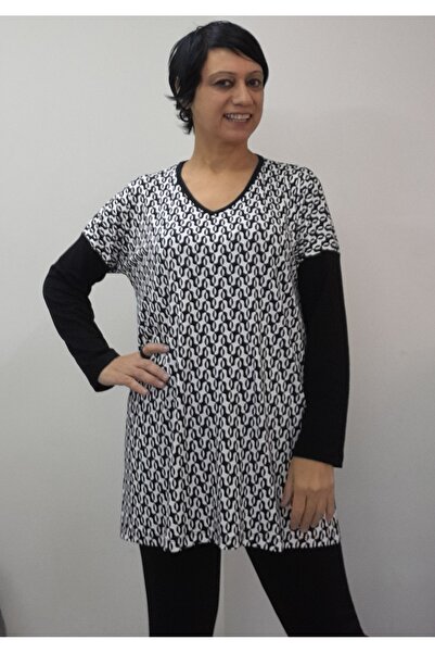 Mertcan Butik White with Black Pattern, Size Fits All, Low Long-Sleeved Combed Viscose T-Shirt