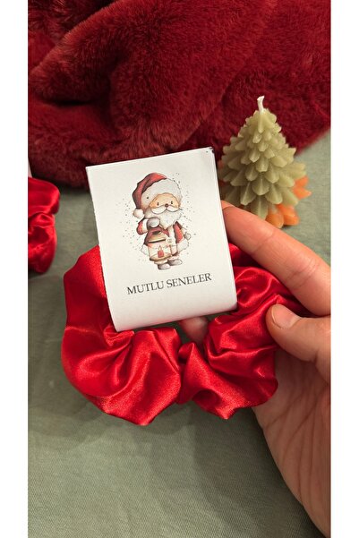 unique-g fashion accesories Kırmızı/Bordo Yılbaşı Temalı 10 Adet Saten Scrunchie Saç Tokası