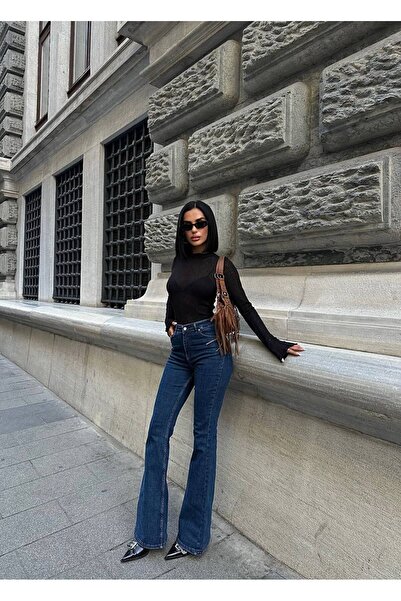 Diviny Γυναικείο τζιν παντελόνι με ψηλή μέση Navy Blue Trend καμπάνα