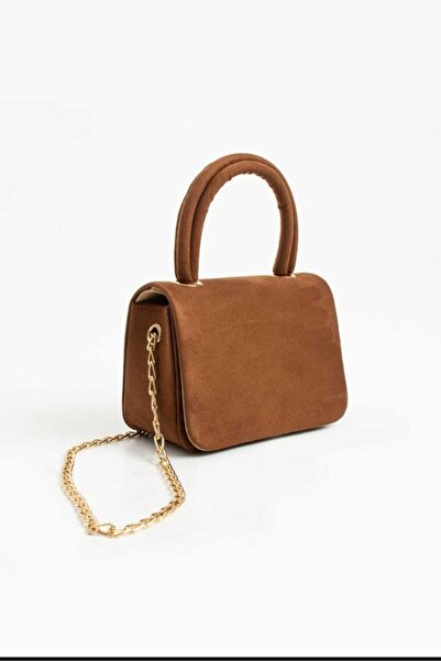 ÖZÜM TAKI Women's Suede Chain Strap Handbag and Shoulder Bag Brown