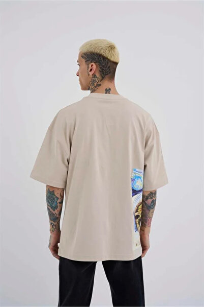 Machinist Men's Van Gogh Printed Oversized T-Shirt Beige