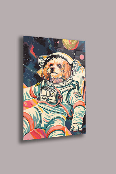 gxe.art Tablou din sticlă de 4 mm cu câine astronaut – Design colorat și dist...