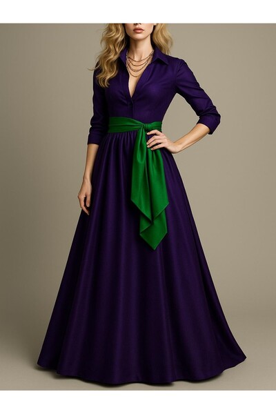 UNTIMELY Yeşil Kuşak Detaylı Mor Tafta Maxi Şık Gömlek Elbise