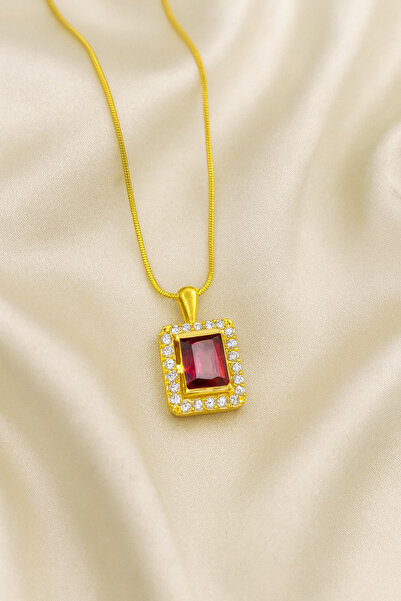 A-STİL TAKI Women's Gift Box Red Baguette Zircon Stone Steel Necklace