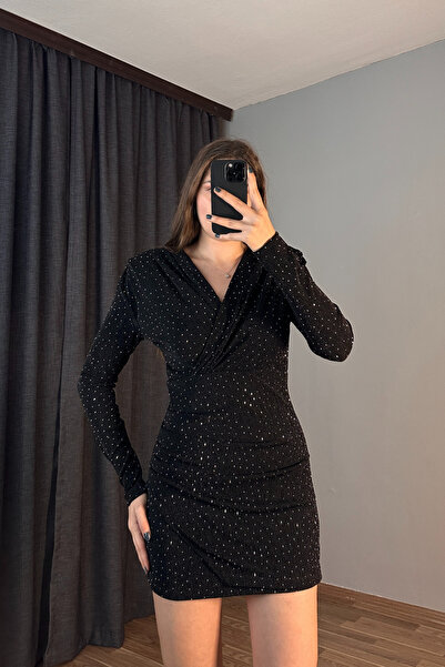 Sorridi Taşlı Vatkalı Kruvaze Yaka Eteği Asimetrik Mini Elbise