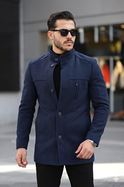 Jaglion Чоловічий зручний крій, вітрозахисний, на ґудзиках, довгий, темно-синій кашеміровий пальто