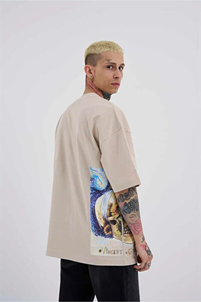 Machinist Men's Van Gogh Printed Oversized T-Shirt Beige