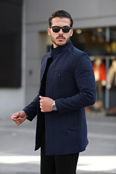 Jaglion Чоловічий зручний крій, вітрозахисний, на ґудзиках, довгий, темно-синій кашеміровий пальто