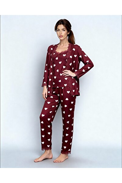 MAY Homewear Triple Bamboo Milan Fabric Lace Detailed Long Sleeve Dressing Gown Undershirt Colorfast Printed Pajama Set