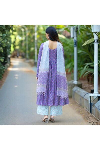 MYSMAR Purple Viscose Cotton Kameez Salwar & Dupatta - ALV2045 | Purple