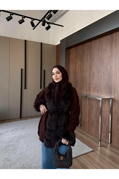 QALVE Cardigan cu detalii din blană, maro