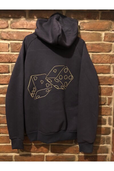 harmony factory Oversized Smoked, Gold Dice Embroidered Zippered Hooded Sweat Cardigan