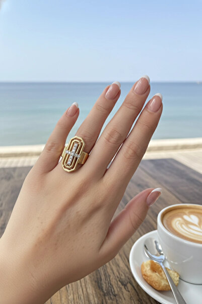 PRVT YSX Dikdörtgen Taşlı Tasarım Yüzük – 14K Altın Kaplama, Ayarlanabilir Ka...