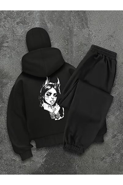 LORVANIY Unisex Devil Girl Masked Fleece-Lined 3 Thread Tracksuit Set