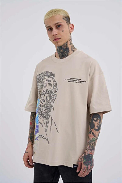 Machinist Men's Van Gogh Printed Oversized T-Shirt Beige