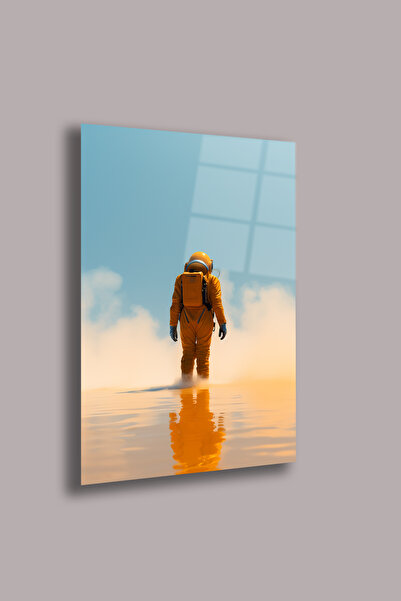 gxe.art Tablou din sticlă de 4 mm cu siluetă de astronaut galben – Design min...