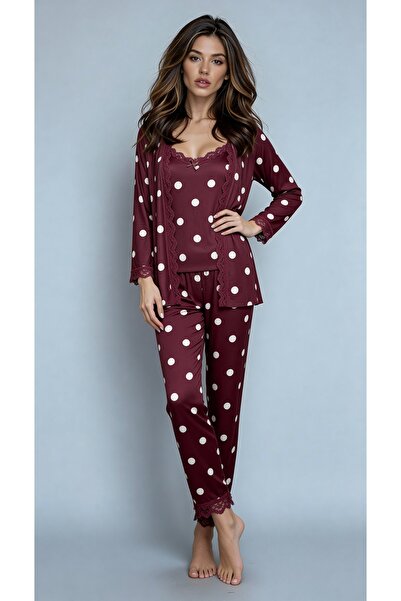 MAY Homewear طقم بيجامة من قماش البامبو الثلاثي من ميلانو مزين بالدانتيل بأكم...