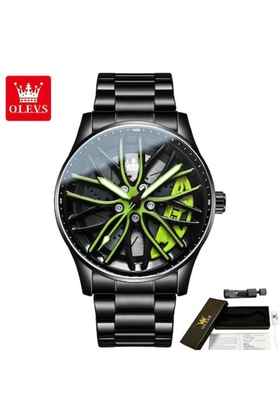 OLEVS MyRavadino F360 x Olevs™ Men's Automotive Wheel Watch - Quartz, Metal Bracelet (Green)