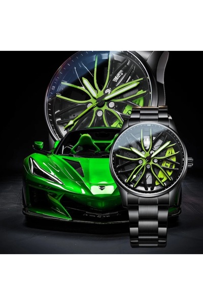 OLEVS MyRavadino F360 x Olevs™ Men's Automotive Wheel Watch - Quartz, Metal Bracelet (Green)