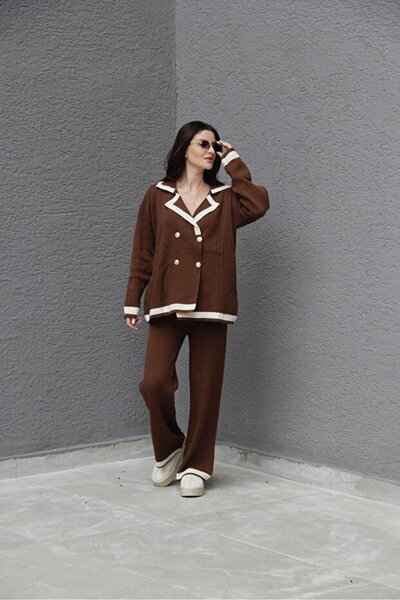Scbutik Four-button cardigan and acrylic knitwear set, brown, gold, standard size
