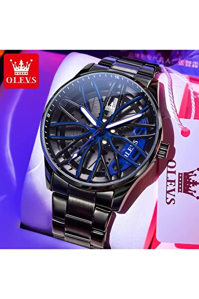 OLEVS ™ Men's Car Wheel-Shaped Watch with Caliper, Quartz, Metal Bracelet - Blue