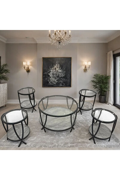 Tasamem Dafia طقم طاولات كنب دائري زجاج 5 قطع