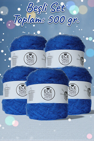 Ece Örgü Tasarım Atölyesi Saks mavisi, bol tüylü, moher yün örgü ipi (500 gr.)