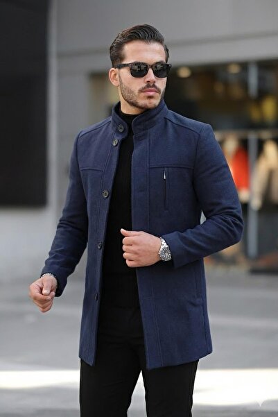 Jaglion Чоловічий зручний крій, вітрозахисний, на ґудзиках, довгий, темно-синій кашеміровий пальто