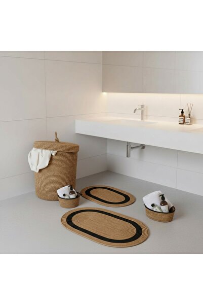 Comfort Craft Straw / Jute 5 Piece Black Striped Bath Mat Set |   Dirty Laundry Basket |   Oval Baskets