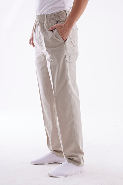 Beratnur Men's Luxury Light Beige Relaxed Fit Elastic Waist Linen Hajj and Umrah Clothing Trousers