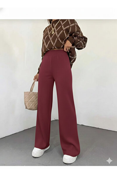 BLUEMOOR Kadın kışlık rahat kalıp bol paça comfort beli lastikli triko pantolon