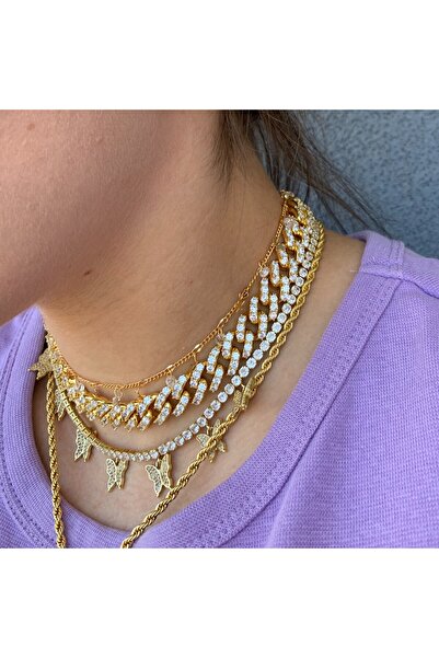 House of Crystals Gold Plated Tennis Necklace with Zirconia Crystals Diamond Butterfly