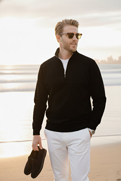 DeepSEA Men's Black Relax Fit Fleece Inside 100% Cotton Half Zipper D Mock Neck Sweatshirt 2600760