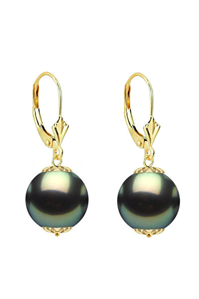 Kaskadda 9-10 mm Tahitian Pearl Earrings and 14K Yellow Gold, Round Shape | K...