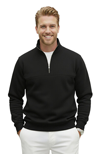 DeepSEA Men's Black Relax Fit Fleece Inside 100% Cotton Half Zipper D Mock Neck Sweatshirt 2600760