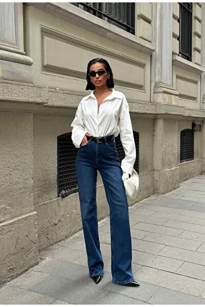 Diviny Γυναικείο παντελόνι με ψηλόμεσο μπλε ναυτικό χρώμα Regular Palazzo Jean