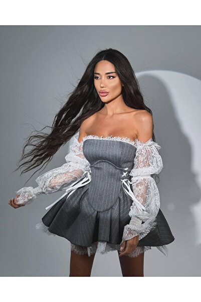 Friday Mood Women's Eyelet Corset Detailed Sleeves Lace Mini Dress