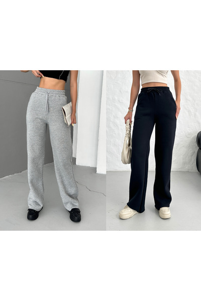 veres Women's Black and Gray Two-Piece High-Waisted Winter Fleece-Lined Wide-Leg Sweatpants with Stitched Cuffs