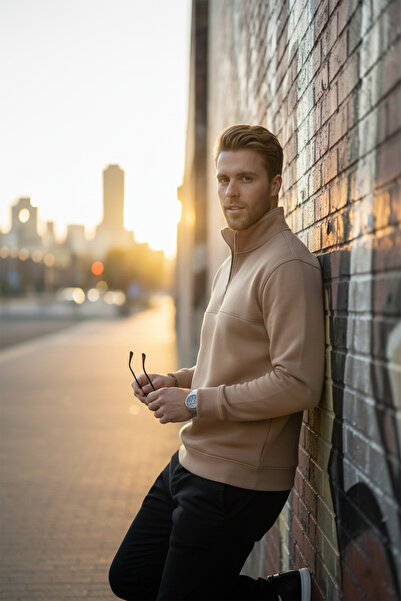 DeepSEA Men's Camel Relax Fit Fleece Inside 100% Cotton Half Zipper D Mock Neck Sweatshirt 2600760