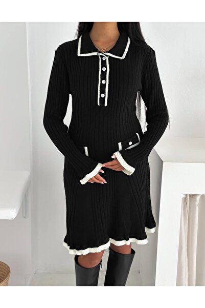 ABBA Πλεκτό φόρεμα με μαλακή υφή με λαιμόκοψη πόλο σε μίνι μέγεθος μαύρο