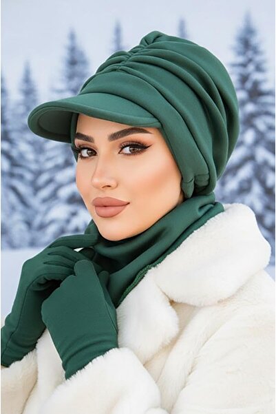 Aişe tesettür Zümrüt Kışlık Büzgülü Tesettür Şapka Ve Etol Takım